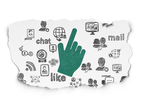 Social media concept: Painted green Mouse Cursor icon on Torn Paper background with  Hand Drawn Social Network Icons