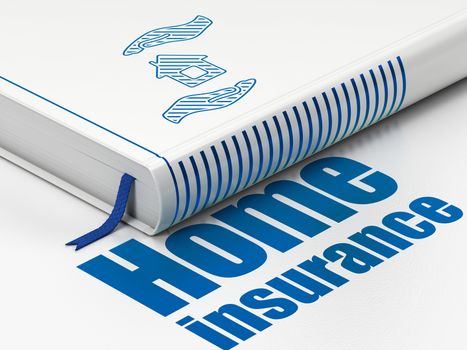 Insurance concept: closed book with Blue House And Palm icon and text Home Insurance on floor, white background, 3D rendering
