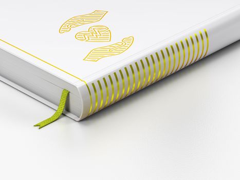 Insurance concept: closed book with Gold Heart And Palm icon on floor, white background, 3D rendering