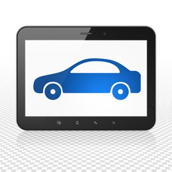 Vacation concept: Tablet Computer with  blue Car icon on display,  Tag Cloud background, 3D rendering