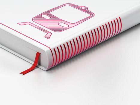 Vacation concept: closed book with Red Train icon on floor, white background, 3D rendering