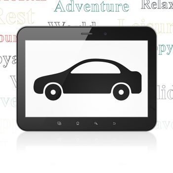 Travel concept: Tablet Computer with  black Car icon on display,  Tag Cloud background, 3D rendering