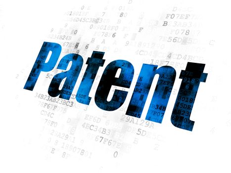 Law concept: Pixelated blue text Patent on Digital background