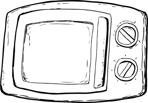 Outlined microwave oven with closed door and control dials over white background