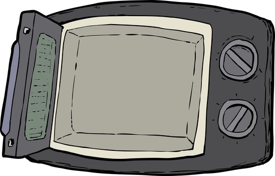 Open cartoon microwave oven with control dials over white background