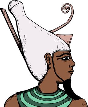 Illustrated side view of ancient Egyptian god Atum over white