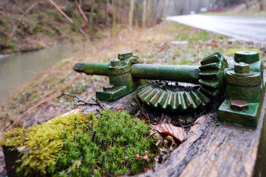 Old green gear on a small wooden lock of a small creek in Luxembourg