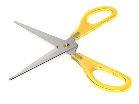 Yellow opened scissors 3D render illustration isolated on white background