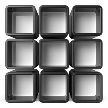 Copy space black and white shelf set 3D render illustration isolated on white background