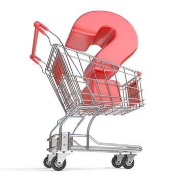 Red question mark inside shopping cart 3D render illustration isolated on white background