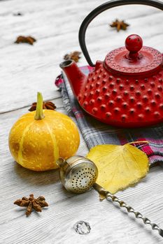 Red iron kettle,falling leaves and pumpkins on bright background