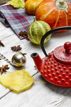 Red iron kettle,falling leaves and pumpkins on bright background