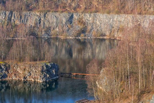 Panoramic view of an old open opencast mine of limestone works in Wülfrath, Germany on a winter day.