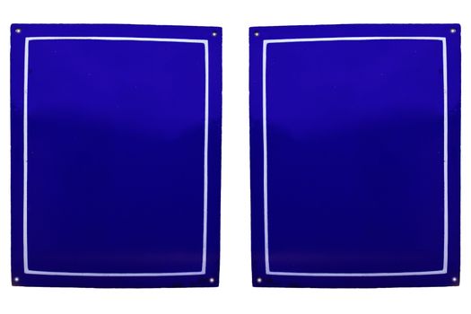 Two old rusty metal plate enamels without lettering on white background.