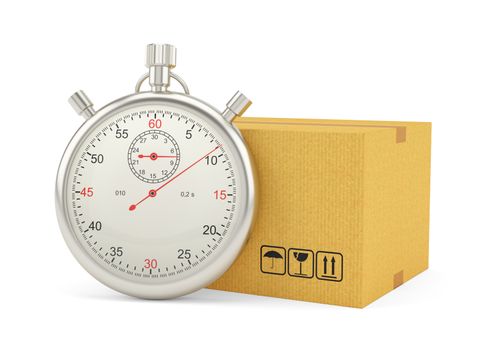 Stopwatch with Cardboard Box on White Background. 3D Rendering