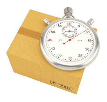 Stopwatch on background of cardboard box. 3D Rendering