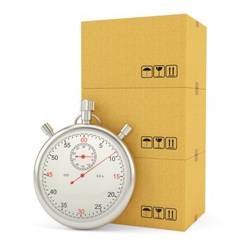 Express Delivery Concept. Cardboard Boxes with Stopwatch, isolated on white background. 3d illustration