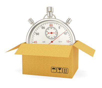 Open Cardboard Box with Stopwatch on White Background. 3D Rendering