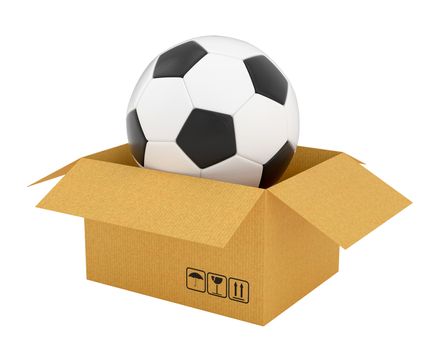 Open cardboard box with soccer ball, Isolated on white background. 3D Rendering