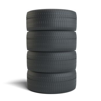 Stack of four black tires, isolated on white background. 3D Illustration