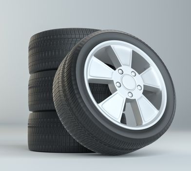 Car Tires on Gray Studio Background. High Quality. 3D Illustration