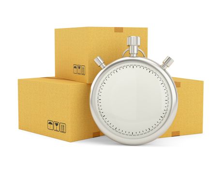 Express delivery. Stopwatch and package on white background. 3d illustration. Stopwatch with empty space for your content