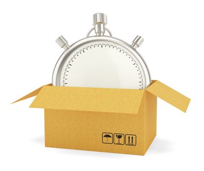 Open Cardboard Box with Stopwatch on White Background. 3D Rendering. Stopwatch with empty space for your content