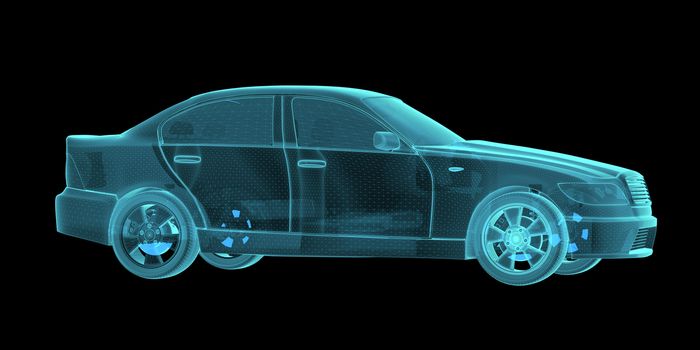 Car Hologram Wireframe. 3D Rendering on black background
