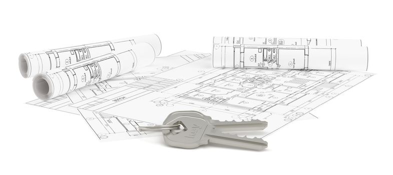 Closeup of keys on blueprint of new home. 3d rendering