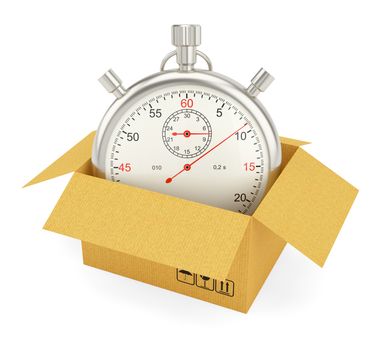 Open Cardboard Box with Stopwatch on White Background. 3D Rendering