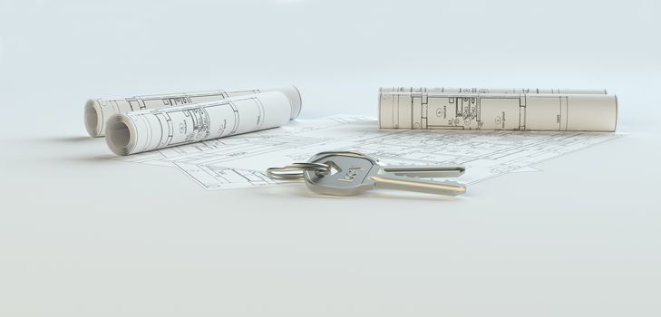 Architecture and real estate concept: House key on house plan. 3D Rendering