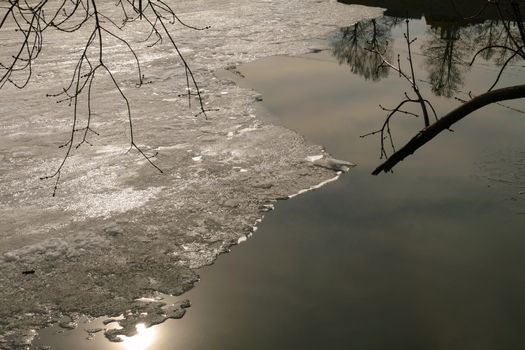 Spring pond in March with melting ice