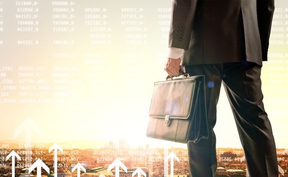 Businessman with suitcase standing with back against morning city, panoramic view