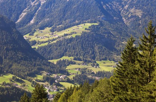 Val Gardena and Ortisei, Dolomites, Italy, view from a mountain