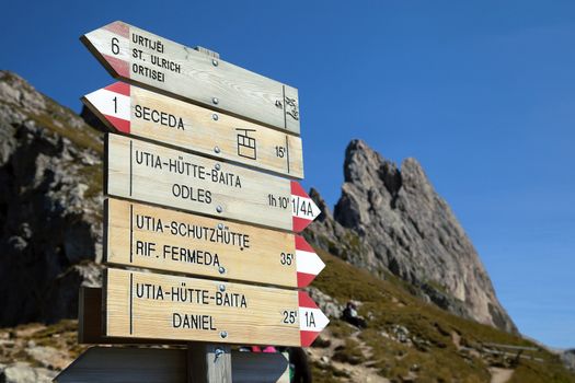 Singpost in the Dolomite mountains, Northern Italy