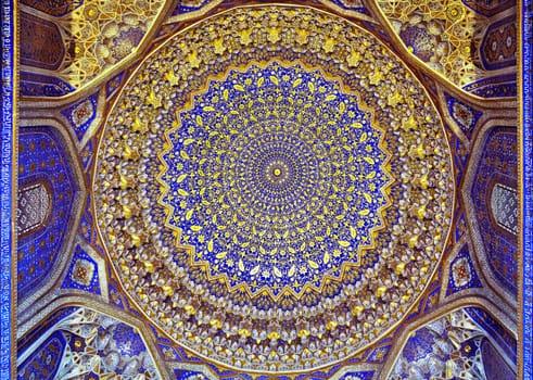 Dome of Tilya-Kori Madrasah on Registan Square in Samarkand, Uzbekistan