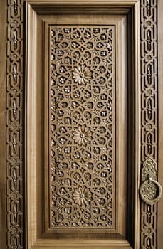 Close-up of a traditional carved wooden door, Uzbekistan