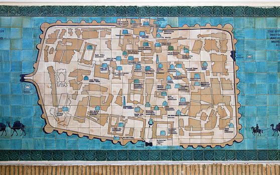 KHIVA, UZBEKISTAN - MAY 01, 2014: The map of historical center of Khiva on the ceramic tiles
