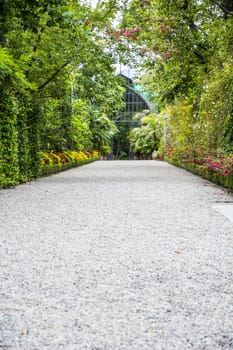 Beautiful stone path with flowers in pots and green trees around in elegant garden