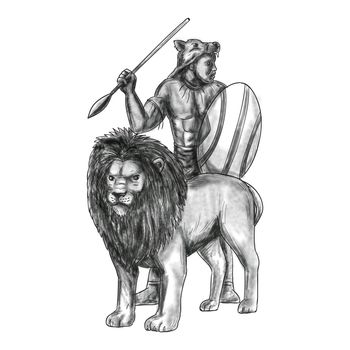 Tattoo style illustration of an african warrior holding spear and shield looking to the side with lion in front of him facing front set on isolated white background. 