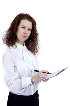Young business woman with documents working in office room