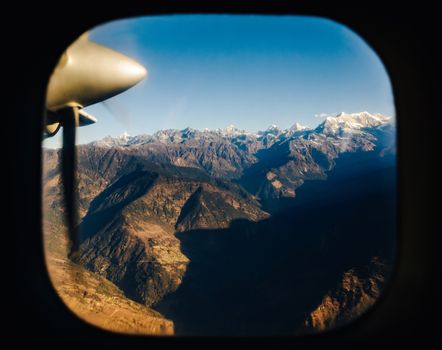 The Himalayas from a propeller plane, Nepal. Flight Kathmandu to Lukla.