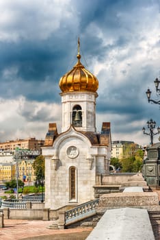 Belltower at the Cathedral of Christ the Saviour, iconic landmark in Moscow, Russia