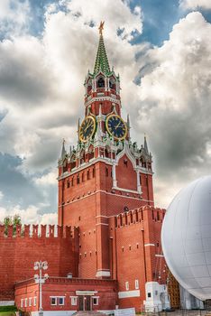 The scenic Spasskaya Tower of the Moscow Kremlin facing Red Square in Moscow, Russia