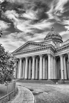 The iconic facade and colonnade of Kazan Cathedral, one of the main citysights in St. Petersburg, Russia