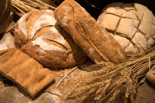 Loaves composition of Bread bakery background.