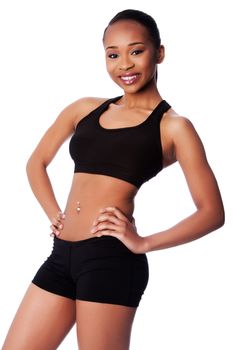 Beautiful healthy fit happy smiling black asian woman workout and toned body.