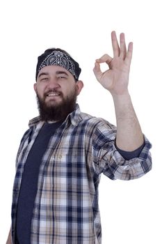 Bearded man in bandana show gesture ok