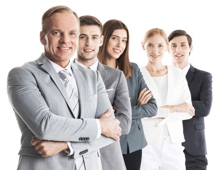 Group of confident smiling business people standing together in a row with crossed hands, isolated on white background
