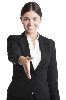 Young business woman stretching out hand for shaking, nice to meet you concept, isolated on white background